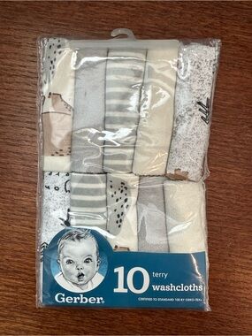 NWT Gerber 10-Pack Terry Baby Washcloths Neutral Safari OEKO-TEX Soft Cotton